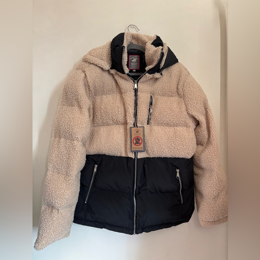 Mens Beverly Hills Polo Club Cream and Black Puffer Vegan Sherpa Jacket